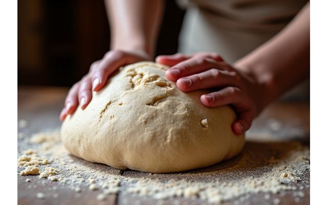 Artisan boulanger pétrissant la pâte à la main