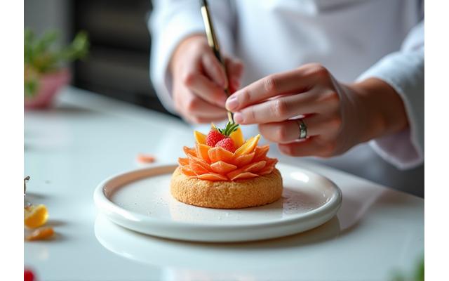 Chef pâtissier décorant une pâtisserie végane innovante